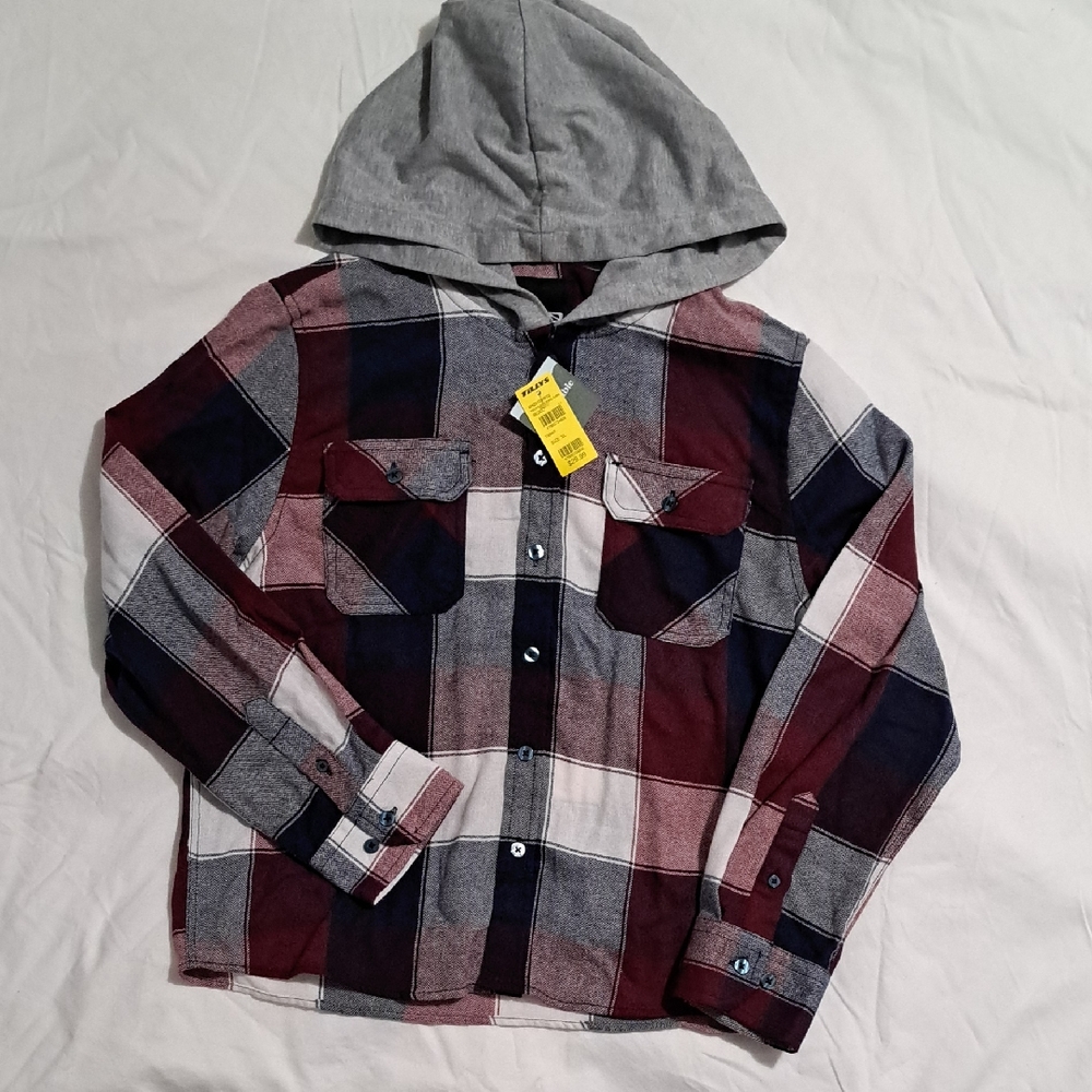RSQ Boys Hooded Plaid Button-Down Shirt - Burgundy, Navy, Gray